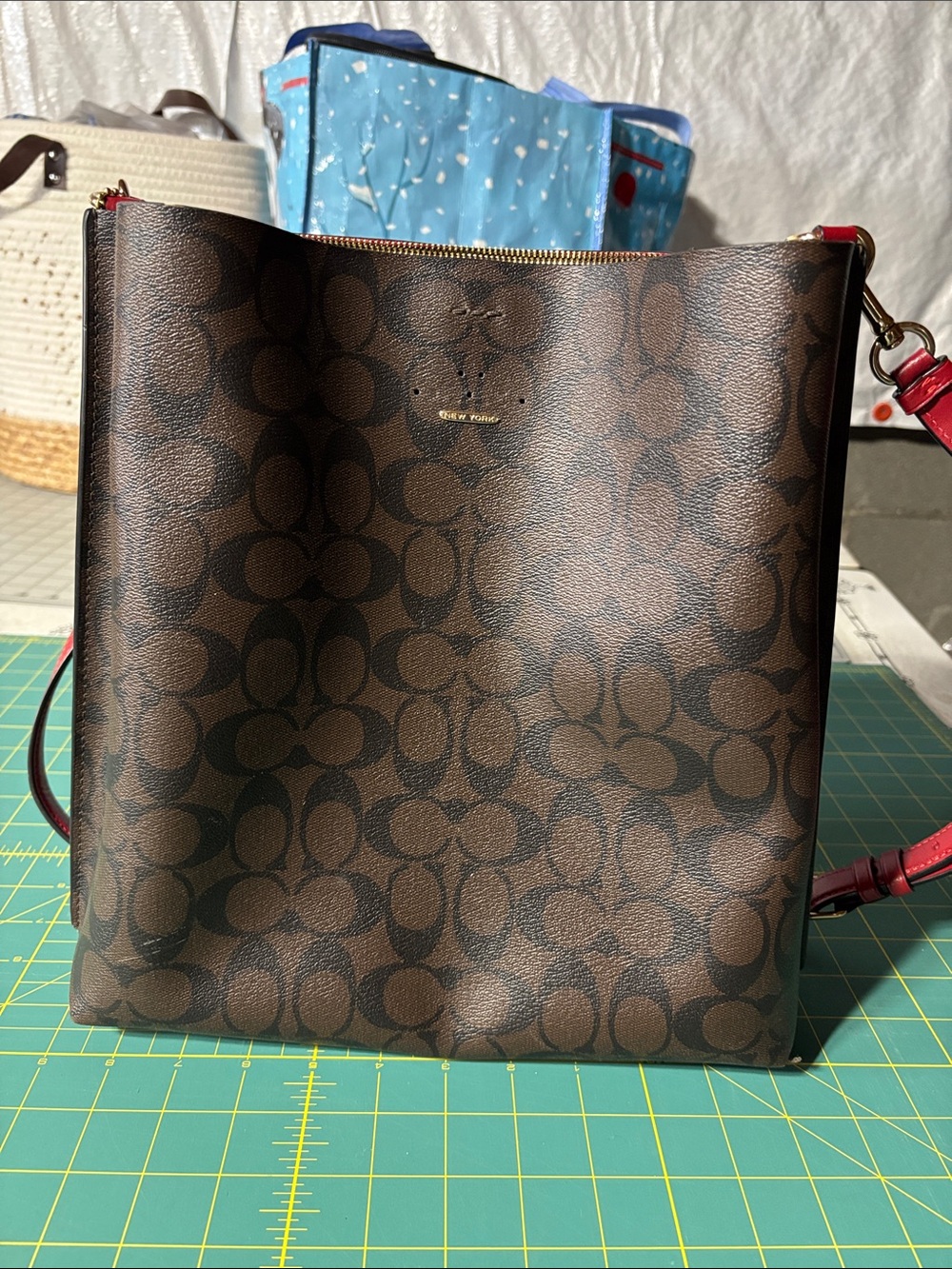 Coach Brown Signature Canvas Tote with Red Strap